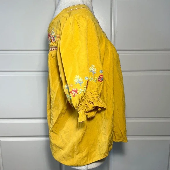 Savanna Jane Embroidered Tunic Top Yellow Mustard Short Sleeve Boho‎ M - Picture 5 of 8